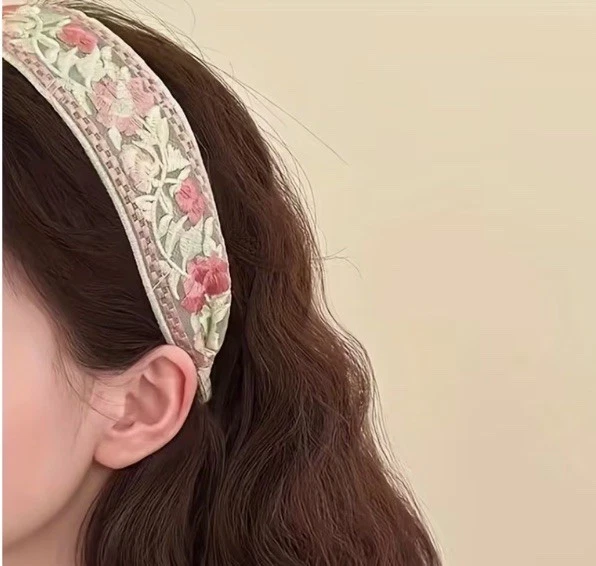 Diadema vintage retro verde y amarillo floral bordada tela de encaje banda para el cabello Foto 4 de 4