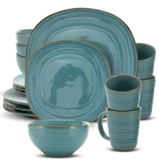 16-Piece Teal Stoneware Dinnerware Set - Includes Dinner Plates, Salad Plates...