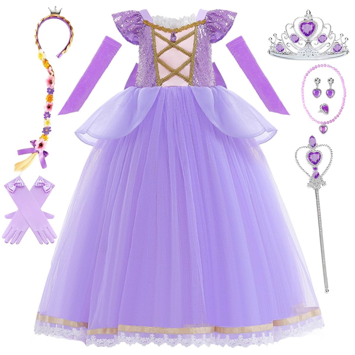 Déguisement robe Raiponce fille costume de princesse violet Halloween et carnaval taille 4-6 ans