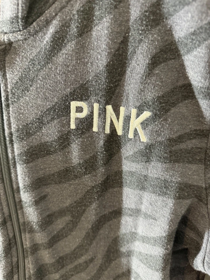 Moletom com capuz Victoria's Secret rosa lantejoulas estampa zebra zíper completo tamanho G - Imagem 4 de 4