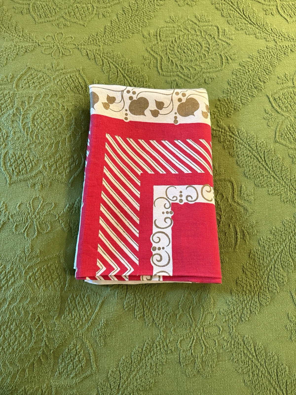 Vintage 70's Red & Gold Linen Tablecloth