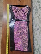 bebe XS Purple Animal Print Satin Bodycon Dress Ruched Belted Sweetheart
