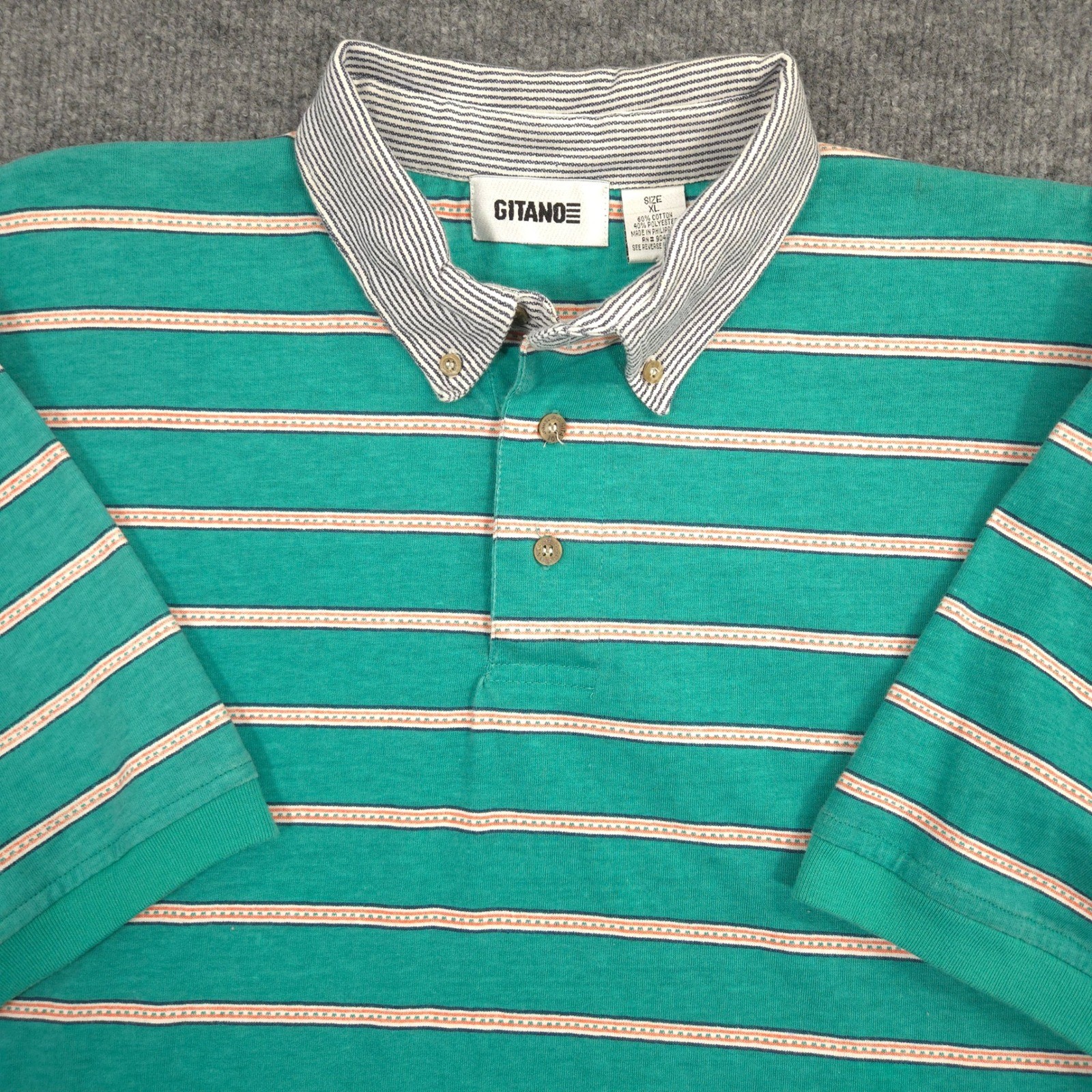Vintage Gitano Polo Shirt Mens XL Teal Orange Striped Golf Preppy Retro 90s Y2K