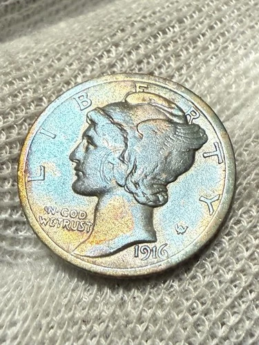 1916 Mercury Liberty Dime 10c 90% Silver US Coin San Fransisco Mint XF Toned