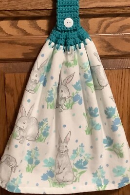 Double  hanging kitchen towel Easter rabbits flowers crocheted teal top
