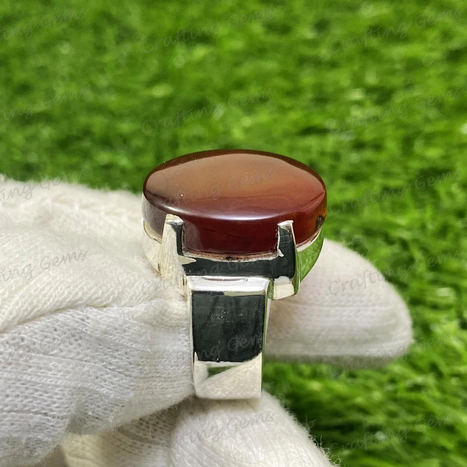 Anillo Yemení Aqeeq para Hombre, Anillo de Cornalina con Plata de Ley 925 Ágata Natural Foto 3 de 4