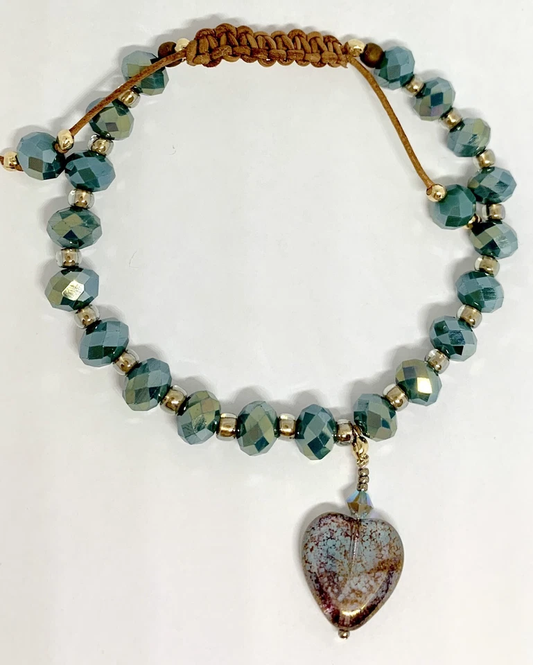 Venta Pulsera Love Corazón Verde azulado con colgante de cuentas de corazón pulsera de cuero marrón Foto 4 de 4