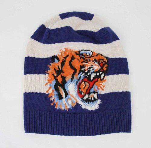 White Striped Wool Knit Beanie Hat 