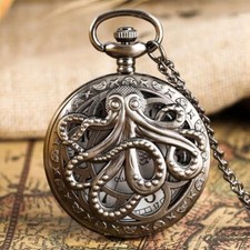 Vintage Hollow Out Octopus Case Roman Number Quartz Pocket Watch Necklace Chain