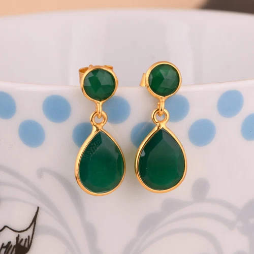 18K Yellow Gold Plated Green Onyx Dangle Earrings Women's Beautiful Gift Earring