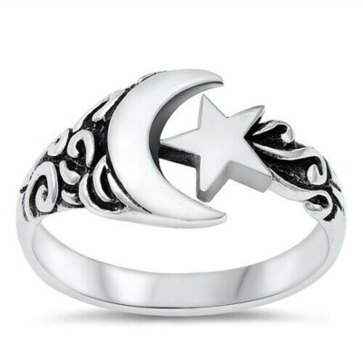 Mond & Stern Ring Echt Sterlingsilber 925 oxidierte Gesichtshöhe 11,4 mm Größe 5
