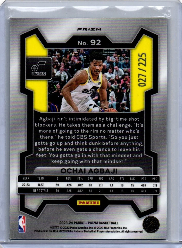 2023-24 Panini Prizm Ochai Agbaji #92 (027/225) (Utah Jazz) Green Ice /225 - Image 2 of 2