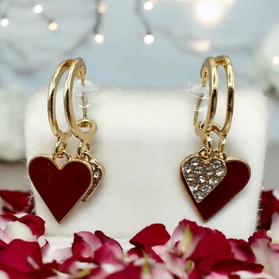 Valentine Heart Hoop Earrings Red Rhinestone Charms Gold Tone