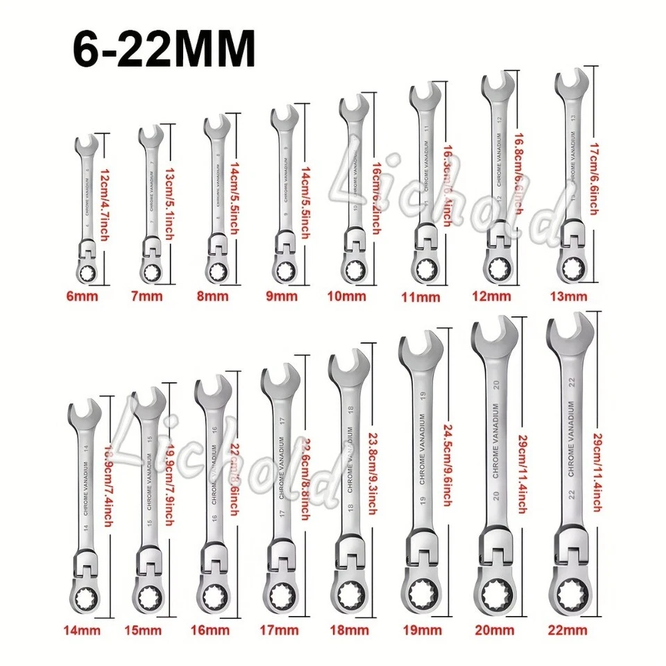 16pcs 6-22mm Flexible Head Spanner SET Ratchet Gear Chrome Vanadium Wrench Tool - image 2 of 4