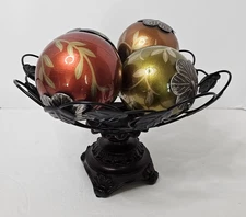 Metal Pedestal Bowl With Fall Colored Decorative Balls