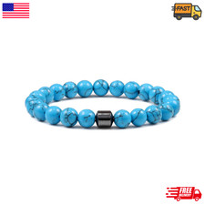 Unisex Sky Blue Stone Beaded Stretch Bracelet with Dark Metallic Accent
