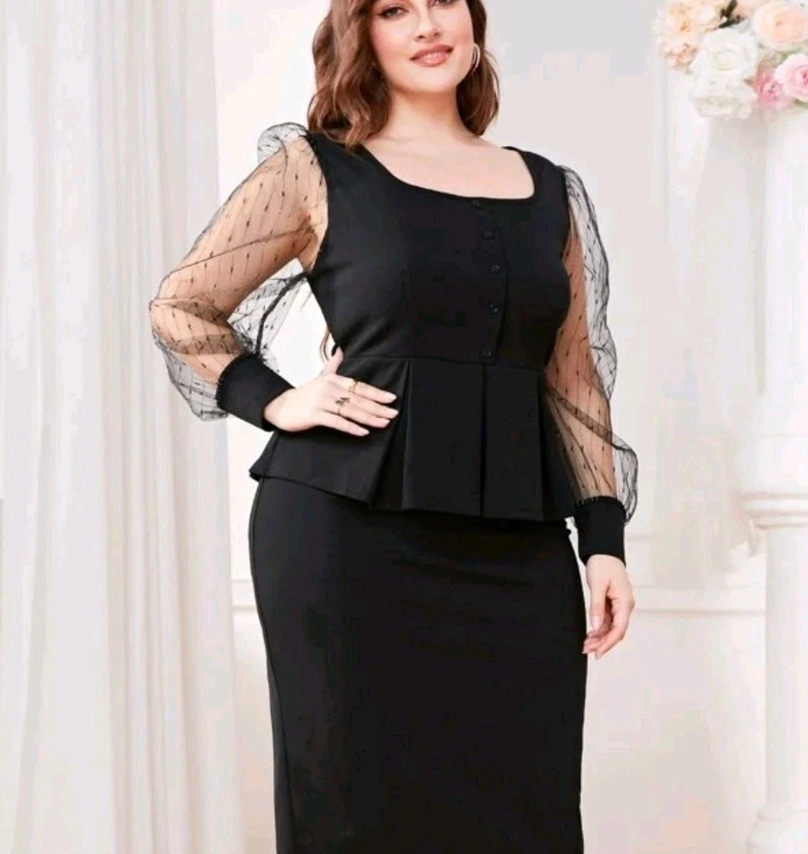 黑色 ~ 加大尺寸 4XL ~ 网眼插入灯笼袖上衣和开叉后裙 — 第 2/4 张图片