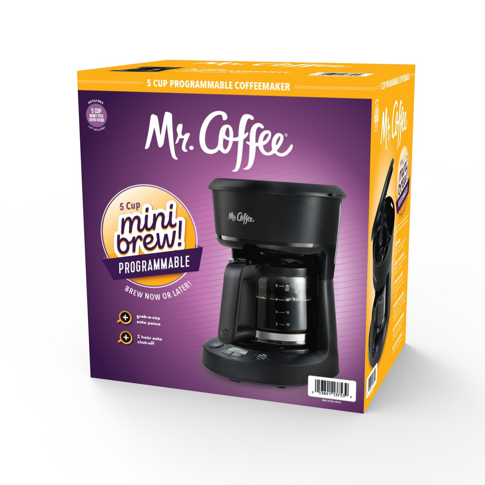 Mr. Coffee 5-Cup Programmable Coffee Maker, Black/Chrome, Auto-Brew, 25oz Capaci