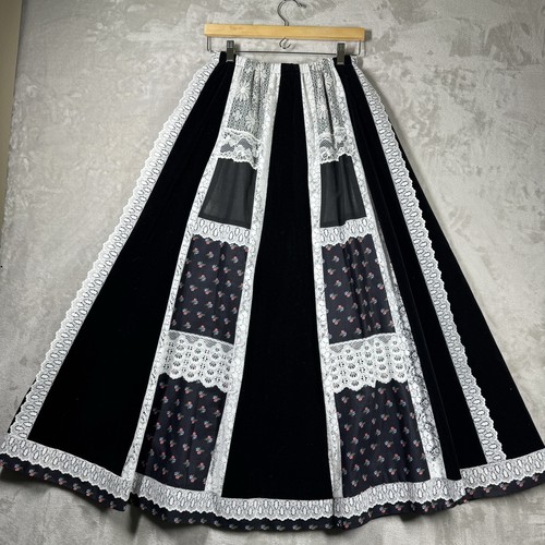 Vintage 70s Carefree Fashions Black Prairie Patchwork Cottagecore Maxi Skirt