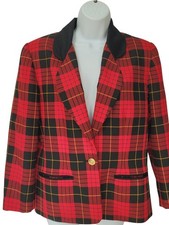 Vintage Leslie Fay Blazer Womens Size 10 Red Plaid Preppy Equestrian One Button