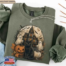 Black Cat Haunted House Sweatshirt Spooky Halloween Fall Cozy