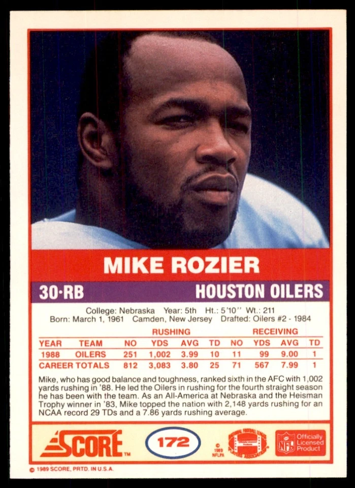 1989 SCORE MIKE ROZIER . HOUSTON OILERS #172 - Image 2 of 2