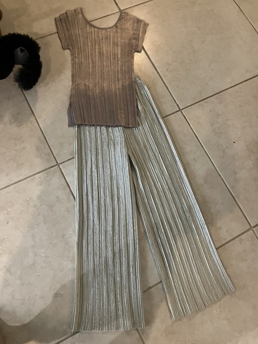 Collection Jeanne Marc Celery Green Plisse Pleated Pants & Purple Shell XS 4/6