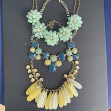 3 Pcs Statement Bib Necklaces Spring Colors Yellow Green Blue Gold-tone