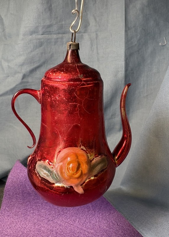 Vintage Large red Teapot - Coffee Pot  ROSES Figural Christmas Ornament