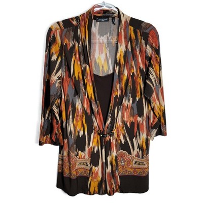 Notations Woman 2X Top Brown Orange Abstract Print Beaded Draped 3/4 Sleeve
