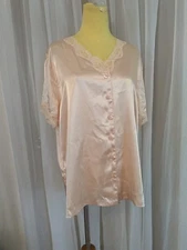 CABERNET Women's Satin Pajama Top Short Sleeve Button Down Size Large 