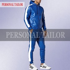 Men's Real Lambskin Leather Track Suit Sweatsuit Jogging Tracksuit Blue/White