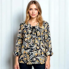 DR2 Daniel Rainn Womens Peasant Floral Top Long Sleeve V Neck Tassel Tunic Large