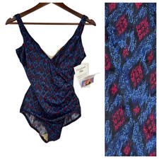 NEW Miraclesuit vintage one piece blue abstract slimming bathing suit size 10