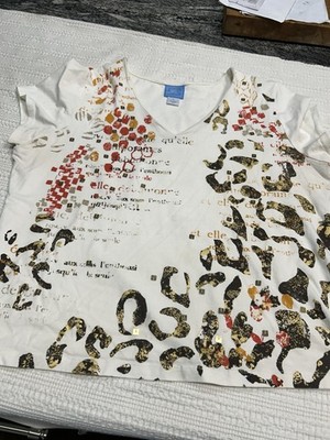 Laru Lane Unique Women s T-shirt XL Leopard Spots Sequins Words White Orange