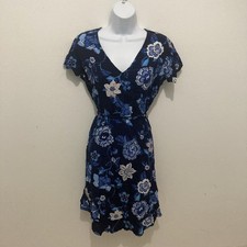 GAP blue mutlicolor floral v-neck flutter sleeve tie belt tiered hem dress L