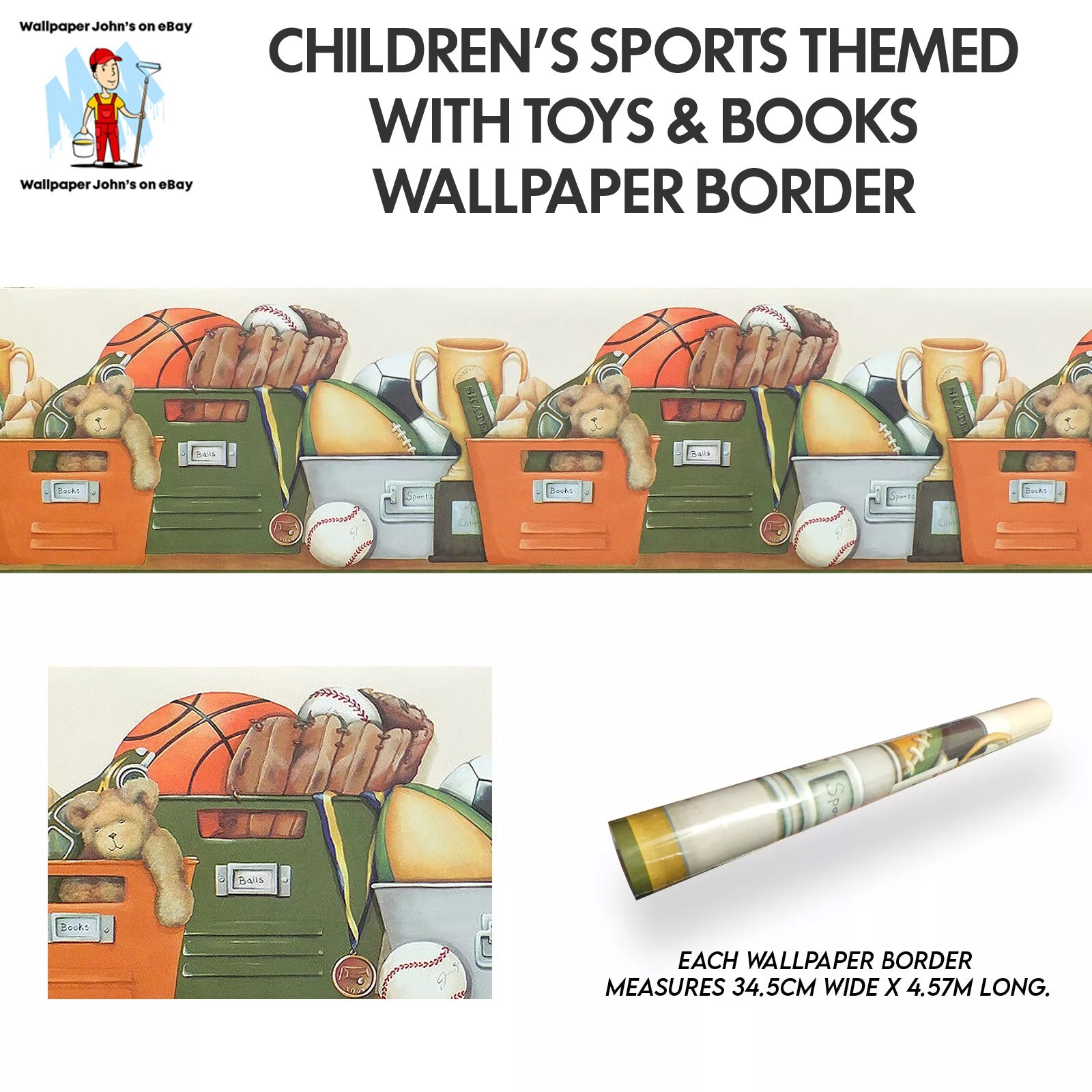 Children's Sports Themed with Toys & Books Wallpaper Border (34.5cm x 4.57m)