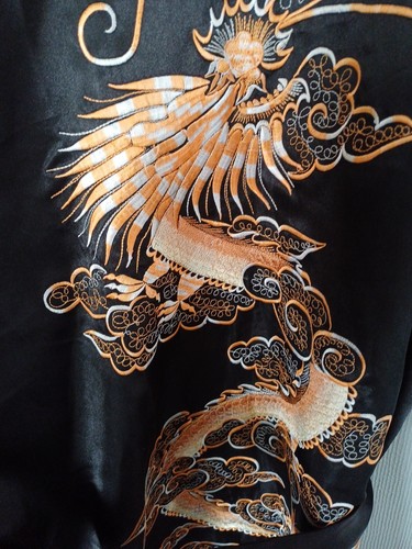 TANGYI MENS KIMONO ROBE BLACK & ORANGE EMBROIDERED SATIN XXL 42 - 48" ORENTIAL - Picture 11 of 19