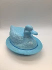 Vintage Westmoreland Blue Milk Glass Duck On Water Candy Dish