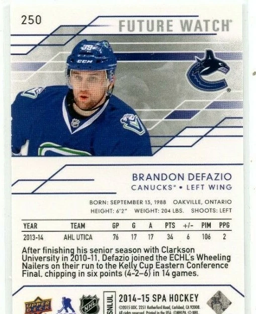 2014-15 SP Authentic #250 Brandon Defazio RC 646/999 - Image 2 of 2