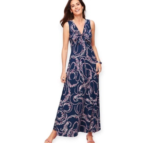 NEW Talbots Petite Sleeveless Tie Front Floral Swirl Maxi Dress Blue Sp