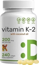 Vitamin K2 MK-7 200 mcg, 240 gels Gluten Free/Non-GMO Nutricost Menaquinone-7