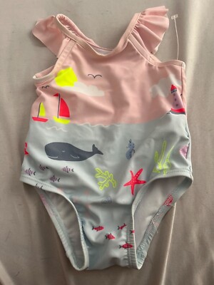 0-6 M BABY GAP GIRL pink ruffle underwater whale fish swimsuit