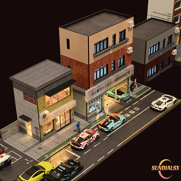 Diorama 1/64 Car Garage Model LED Lighting City Parking Lot Building Scene Model