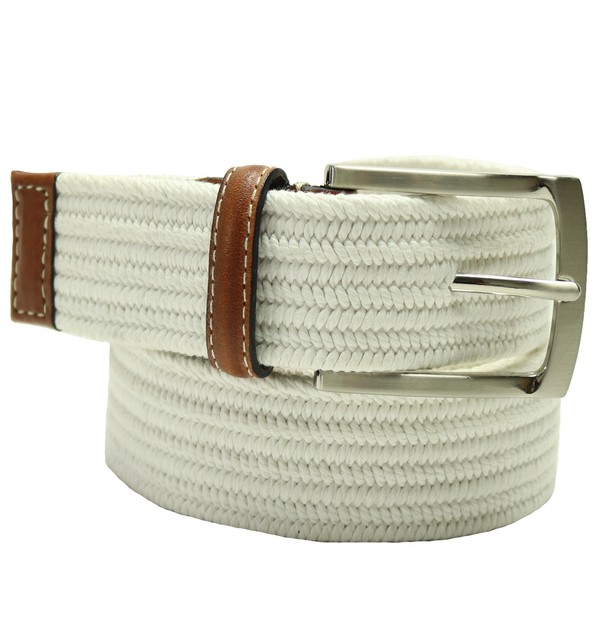 New The Men's Store Bloomingdale's White Leather Trim Stretch Braided