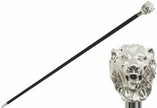 Working Silver Lion Head Walking Stick Handmade Steampunk black Wooden Cane Gift