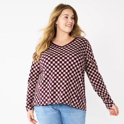 Plus Size 2X Sonoma Goods Berry Checkerboard Favorite V-Neck Long-Sleeve Tee
