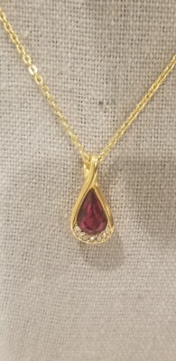 Monet Signed Red & Clear Rhinestone Teardrop Pendant Necklace Patented Clasp