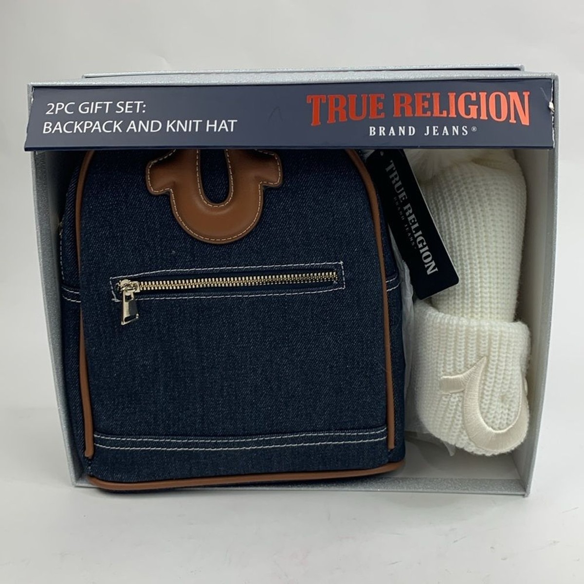 True Religion White Knit hat & Denim Backpack bag purse 2 piece Gift Set NEW True Religion Cream pompom Beanie and Blue denim Tote  main image 4