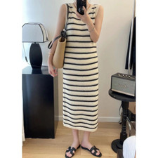 Women's French Elegant Hollow Striped Knit Halter Sleeveless A-line Dress